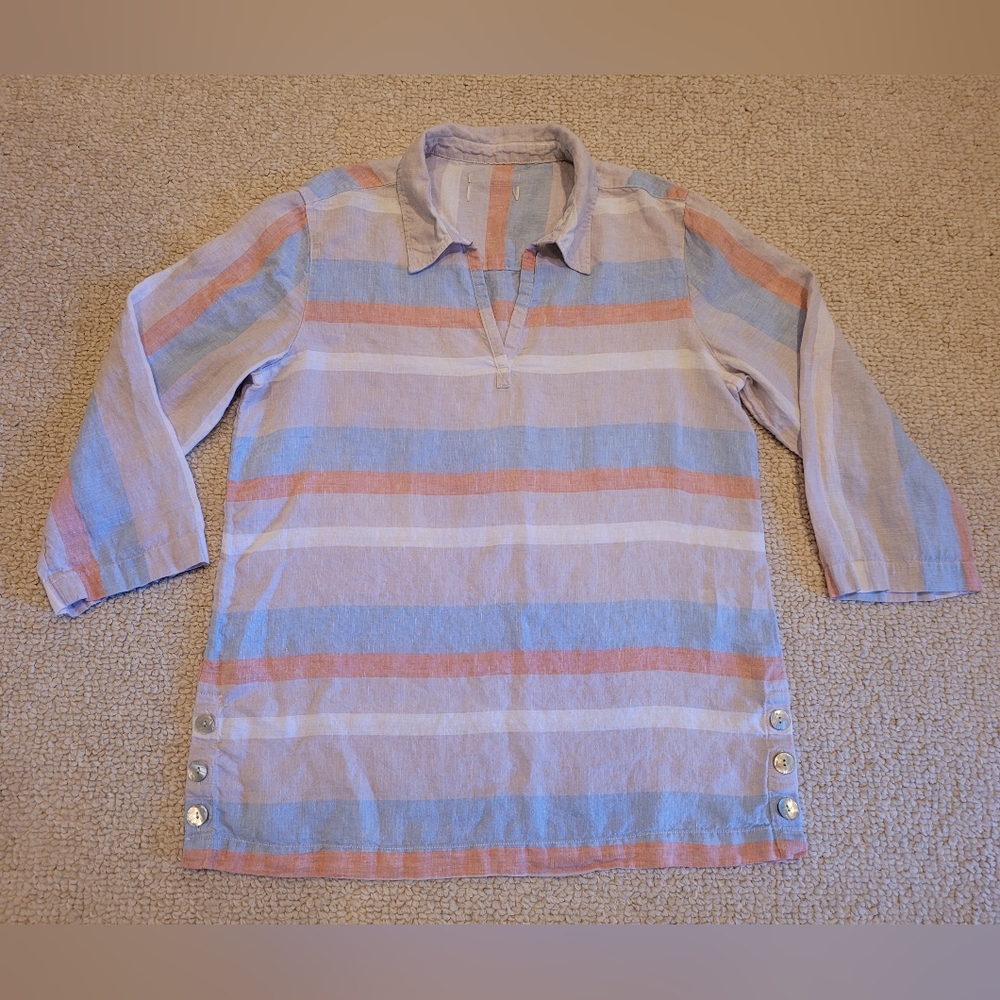 Cynthia Rowley Womens 100% Linen Striped 3/4 Sleeve Tunic Top Size: Large.